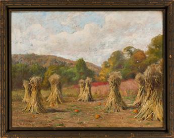 JONAS JOSEPH LAVALLEY Autumn Landscape, Field with Haystacks and Pumpkins.